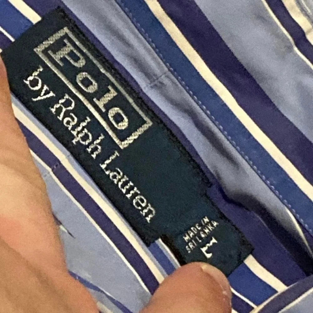 Polo Ralph Lauren blue vertical stripe button up shirt vtg cotton preppy L/24.5‎